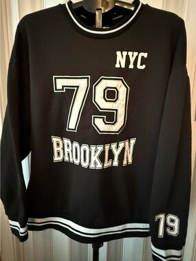 Charlotte Russe Black Crewneck Sweatshirt with White NYC Brooklyn 79 Graphics